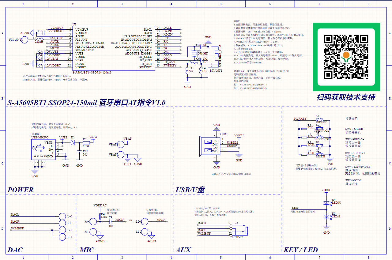 S-A5605BT串口AT指令藍牙音箱IC 支持U盤播放FM收音SPP\BLE數據透傳(圖5)