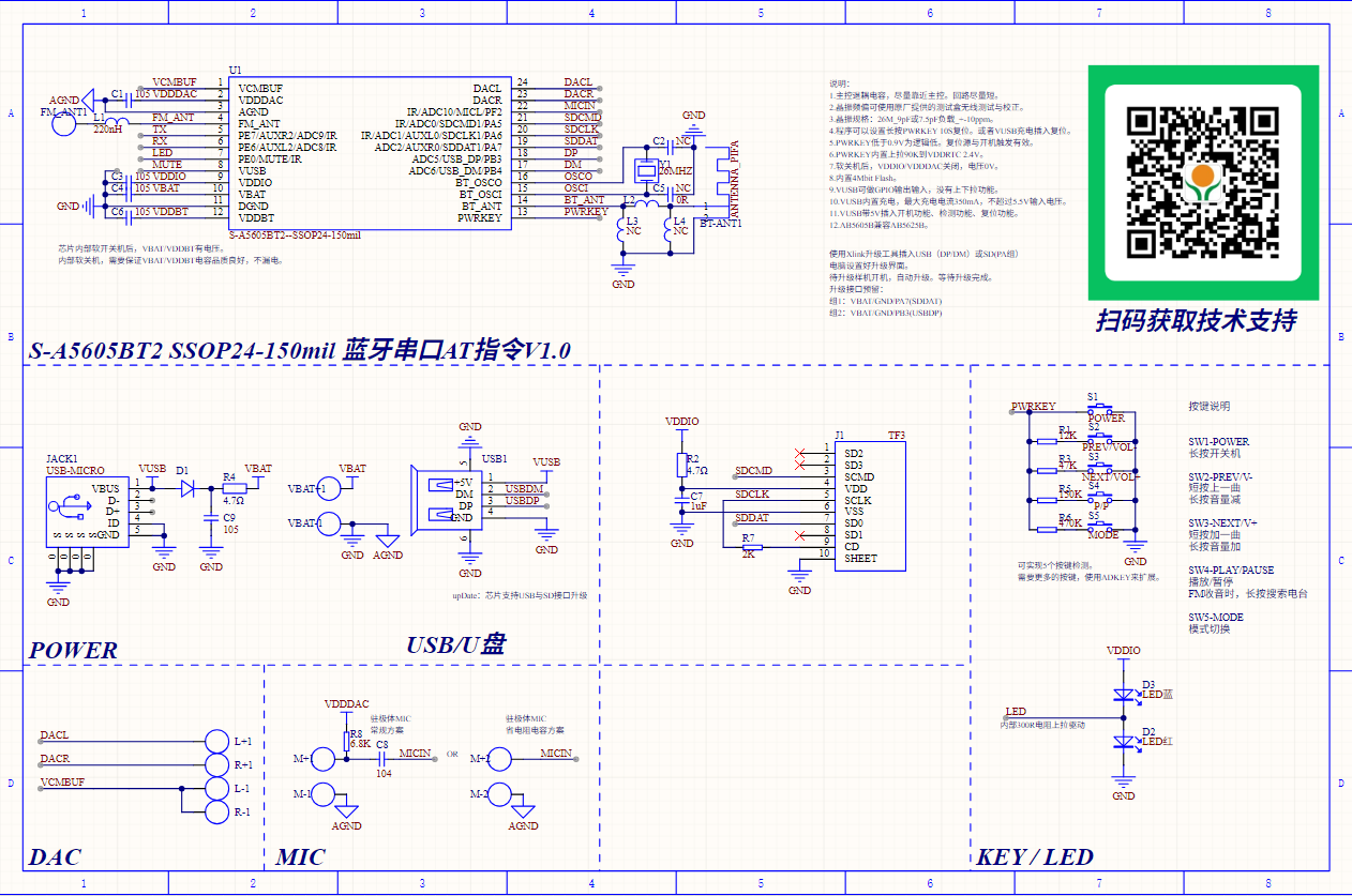 S-A5605BT串口AT指令藍牙音箱IC 支持U盤播放FM收音SPP\BLE數據透傳(圖6)
