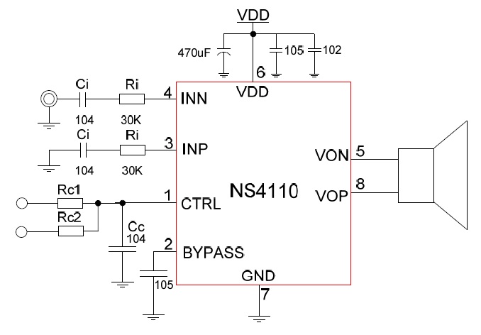 NS4110B 超低EMI差分輸入20W單聲道AB/D 類音頻功率放大器(圖4)